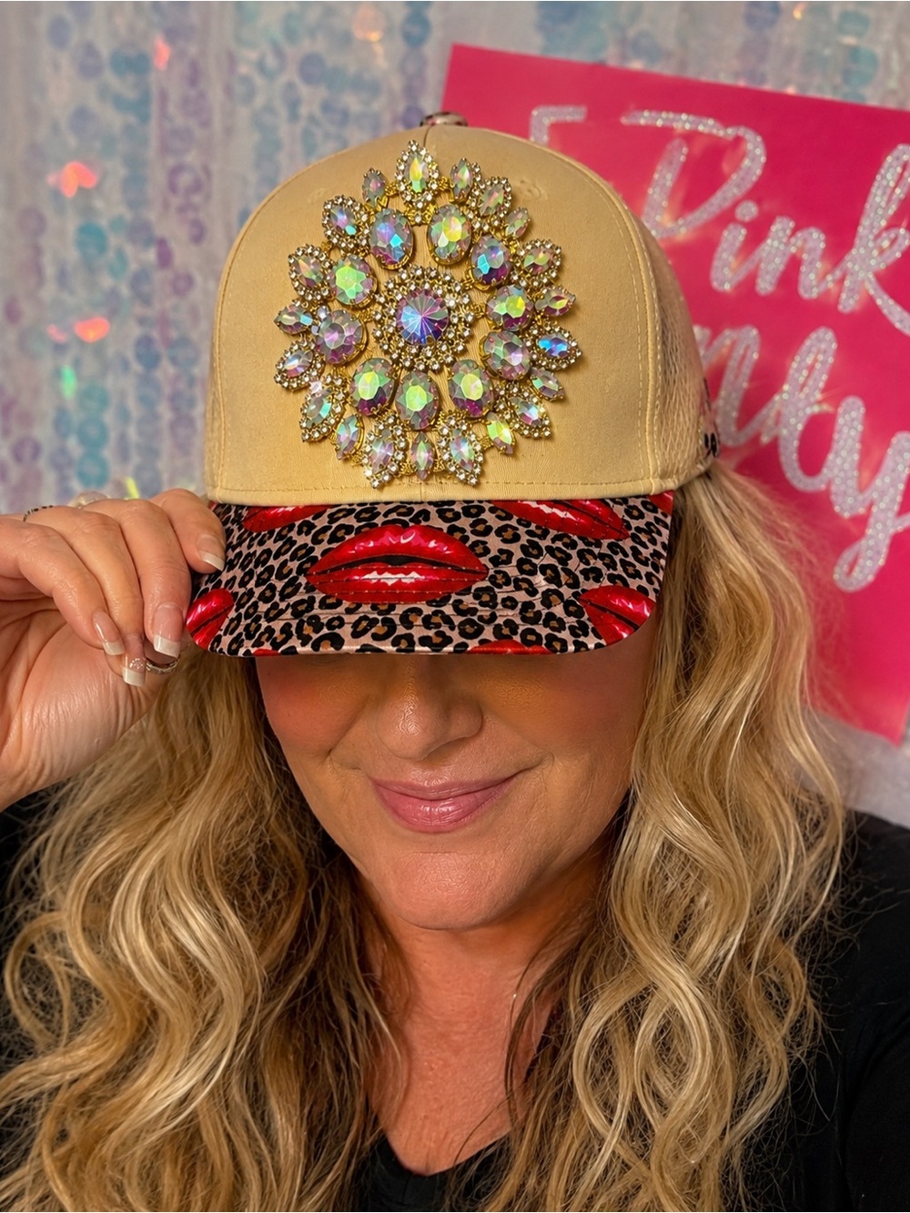 Handmade AB Crystal Leopard Lips Bling Hat